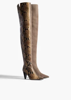 Harvey Over-the-Knee High Boot in Morning Dove Suede and Taupe Python-|Khaite Sale